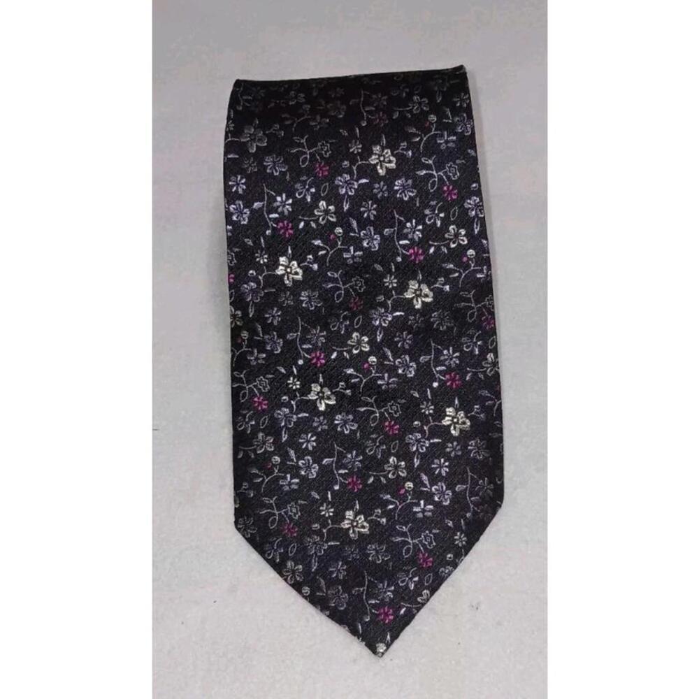 Cremieux Mens Neck Tie Black With Multicolor Flowers 100% Silk Made In Italy